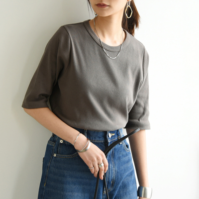 リブクルーネック5分袖Tシャツ M-L 【メール便対応可