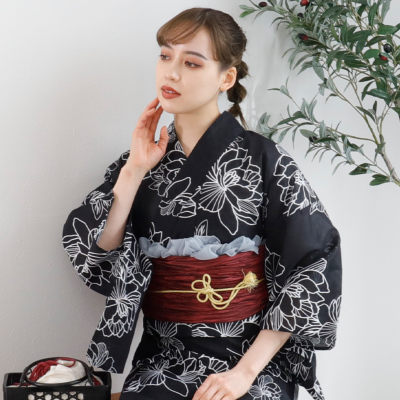 二部式浴衣＋帯2点セット F フリー 【メール便対応不可