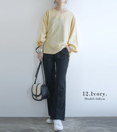 春夏新作モデル リネンライクシームレスVネック長袖プルオーバー 【メール便 F トップス