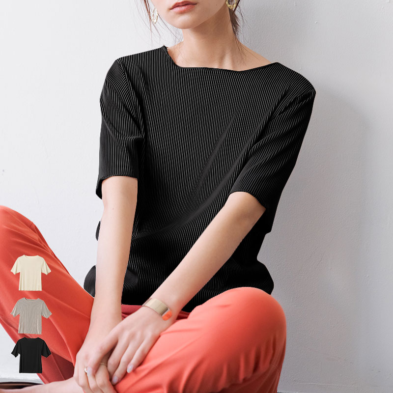 プリーツ付き黒半袖Tシャツ Tシャツ メンズ 半袖 ブランド 半袖Tシャツ 黒 無地 インナー