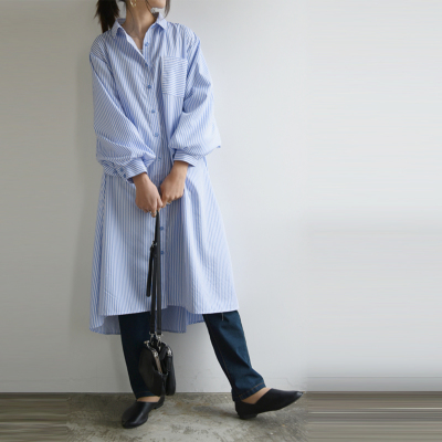 ホットセール ストライプブロードボリュームスリーブシャツワンピース M 服＆ファッション小物