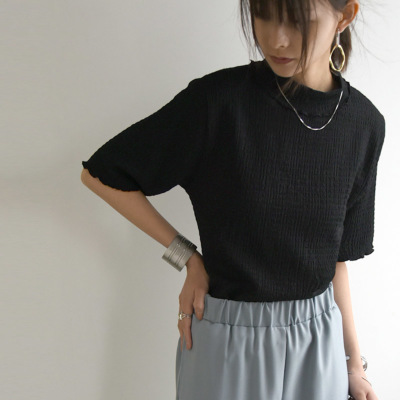 カットシャーリングハイネック5分袖Tシャツ M 【メール便対応可