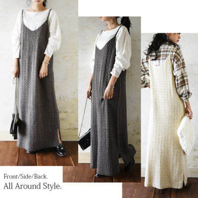 ケーブルニットウール＆カシミヤ混タートルネックワンピース ケーブル編みタートルニットワンピース [E2292] - レディース