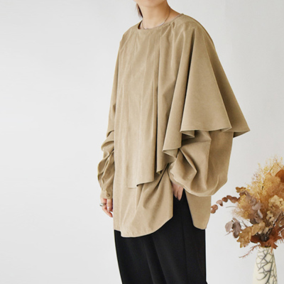 アシンメトリーケープカラーエステルピーチブラウス M L