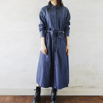 大人かわいい【Merlette】優雅なギャザー☆デニム ワンピース デニムギャザーシャツワンピース 【メール便対応不可